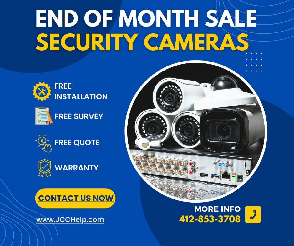 SECURITY CAMERA SYSTEMS: END OF MONTH SALE!!

BOOK AN APPOINTMENT NOW! Contact us 412-853-3708 or email us at info@JCCHelp.com

#securitycameras #securitycamerasystem #cctv #surveillancecamera #allaboutsecurity #indoorcamera #outdoorcamera #IPcamera #analogcamera #EndOfMonthSale