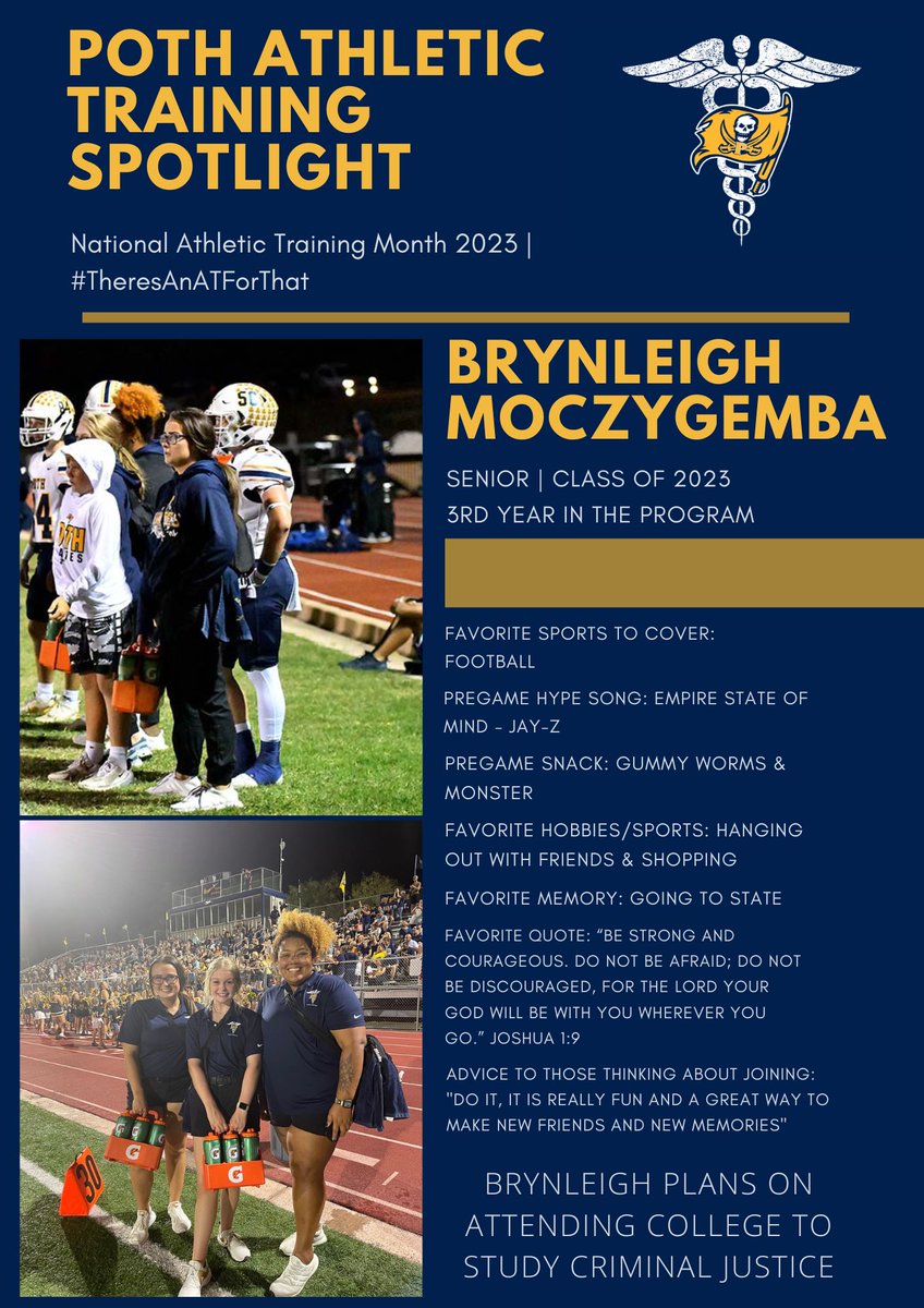 Student Athletic Trainer Spotlight❗️
Our next spotlight goes to our birthday girl, Brynleigh! 
Her positive attitude and willingness to help wherever help is needed has helped our team so much! 
Thank you for all of your help, Brynleigh! 
#NATM2023 #TeamBehindTheTeam