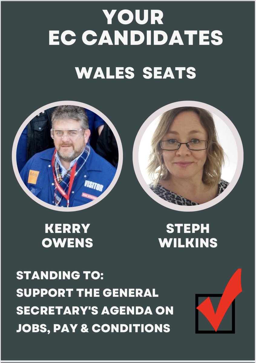 Unite Executive Council Election We’re urging fellow members in Wales to vote for the below candidates who are supporting the continuation of @UniteSharon manifesto of Jobs - Pay - Conditions👇