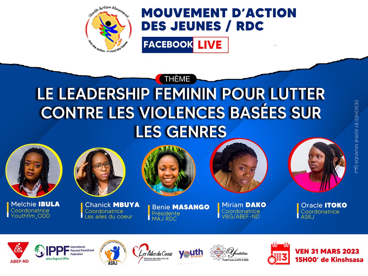 MajRDCongo's tweet photo. Pour clôturer le mois de la femme, le MAJ RDC organise un Facebook live sur le leadership féminin pour lutter contre les violences basées sur les genres.
@ASRJ
 @ailesducoeur1  
@youthfim 
@abef
@YouthSprint https://t.co/kQn95sCQGb