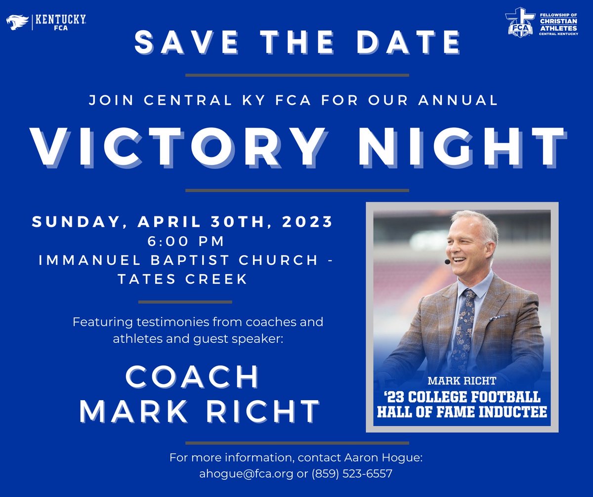 So looking forward to having <a href="/MarkRicht/">Mark Richt</a> here in Lexington to speak at our FCA VICTORY NIGHT! 

If you would like to come, please register … ckyfca.org <a href="/UofKFCA/">UK FCA</a> <a href="/UKFootball/">Kentucky Football</a>