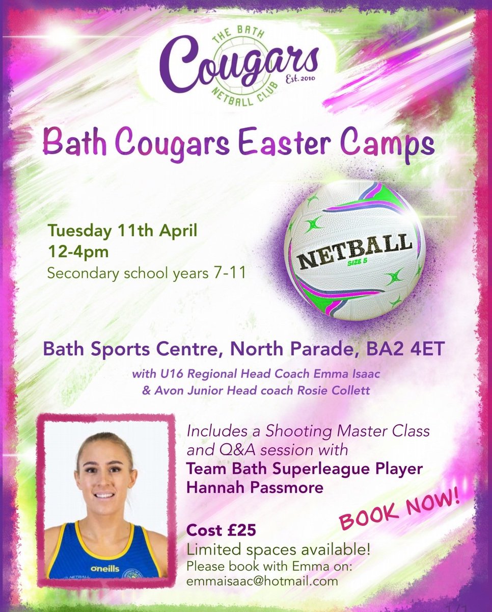 bath_nc's tweet image. A few spaces left on our senior school age Easter Netball Camp on Tuesday 11th April in Bath! Guest player @hannahpassmore1 will be dropping in for a shooting master class! #netball #eastercamp 💜💚💙💛