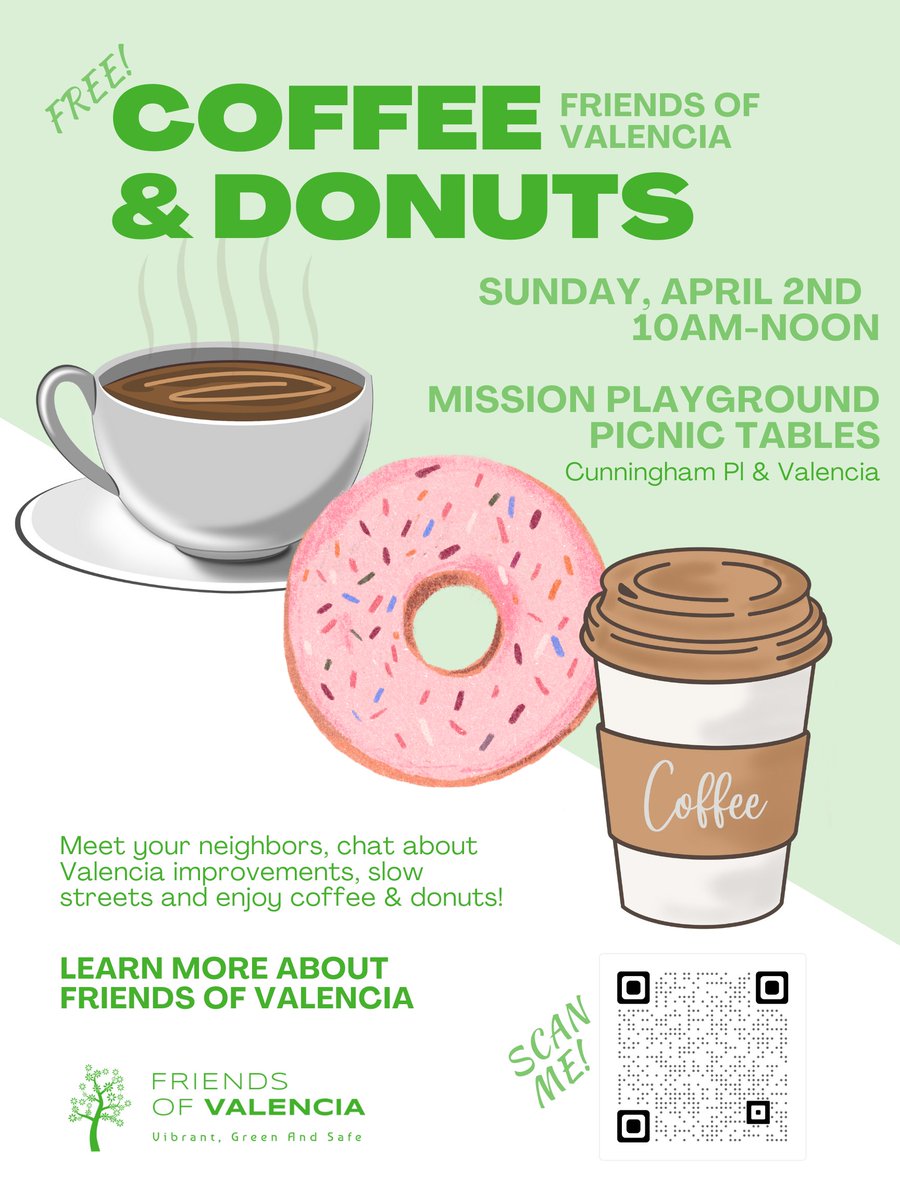 frdsofvalencia's tweet photo. We want to meet you! Come join us for coffee &amp; donuts this Sunday (4/2) at Mission Playground. https://t.co/GmNUQIuUWF