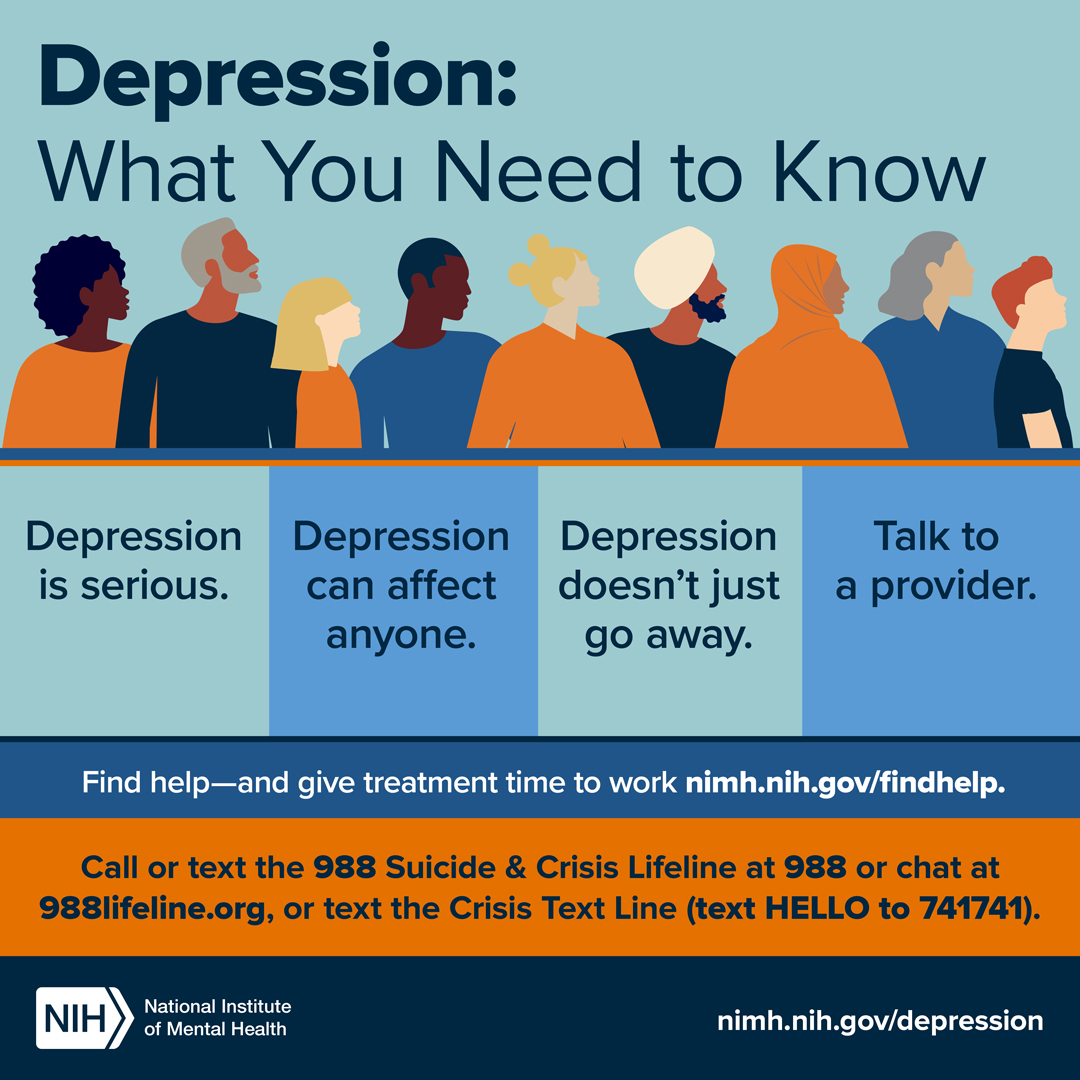 samhsagov's tweet image. Everyone feels sad or low sometimes, but these feelings usually pass with a little time. Depression is different. Learn the different types of depression, signs and symptoms, how it is diagnosed, treatment options, and how to find help. go.usa.gov/xsd3h #shareNIMH