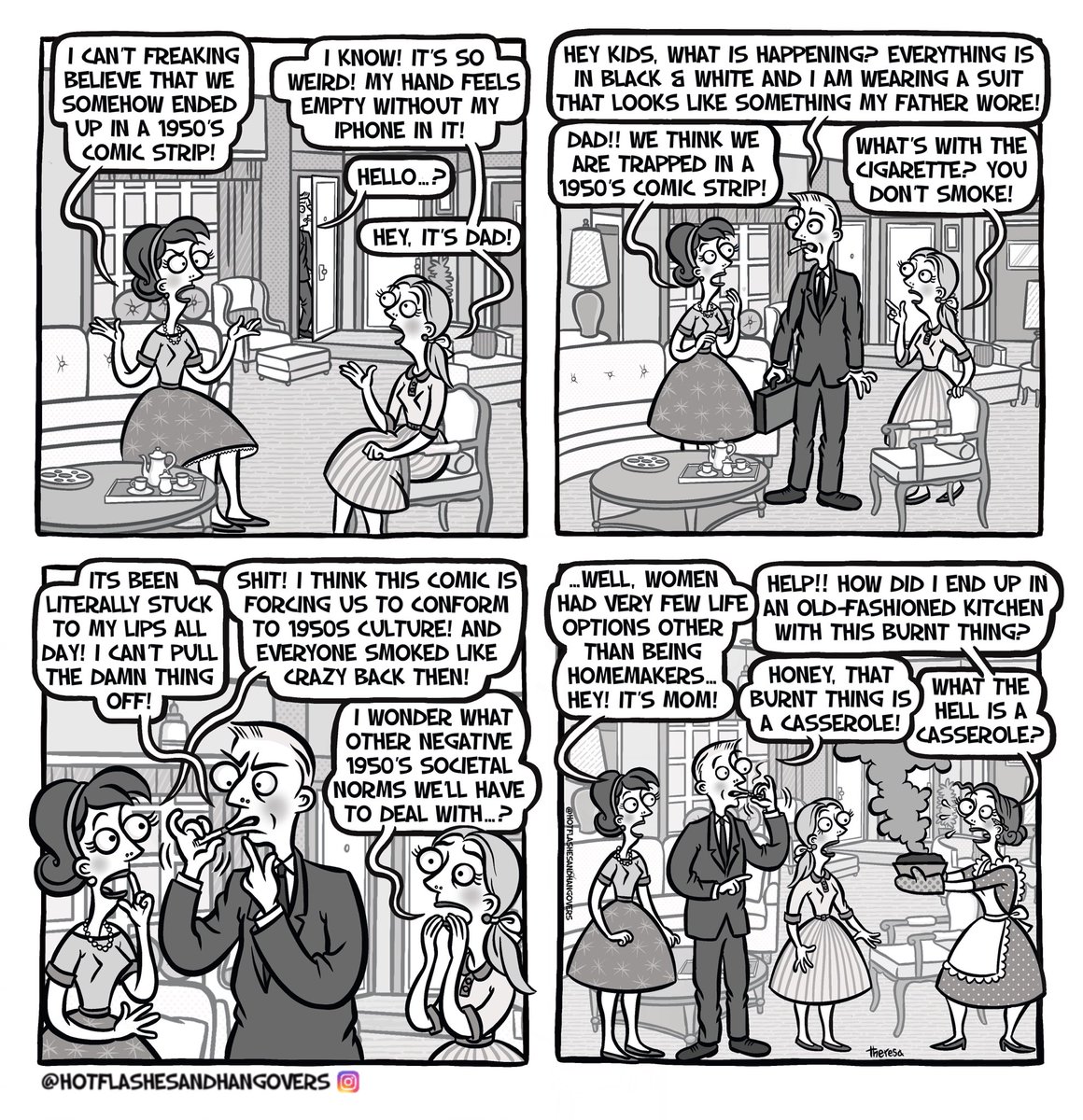 Gee-whiz! 😲The family of Hotflashes &amp; Hangovers are trapped in the 1950’s! What could happen next? And what the hell is a casserole? 
More smoking-hot laughs at: instagram.com/hotflashesandh…

#pleasantville #1950shousewife #webcomix #funnycomics  #cartoonists
