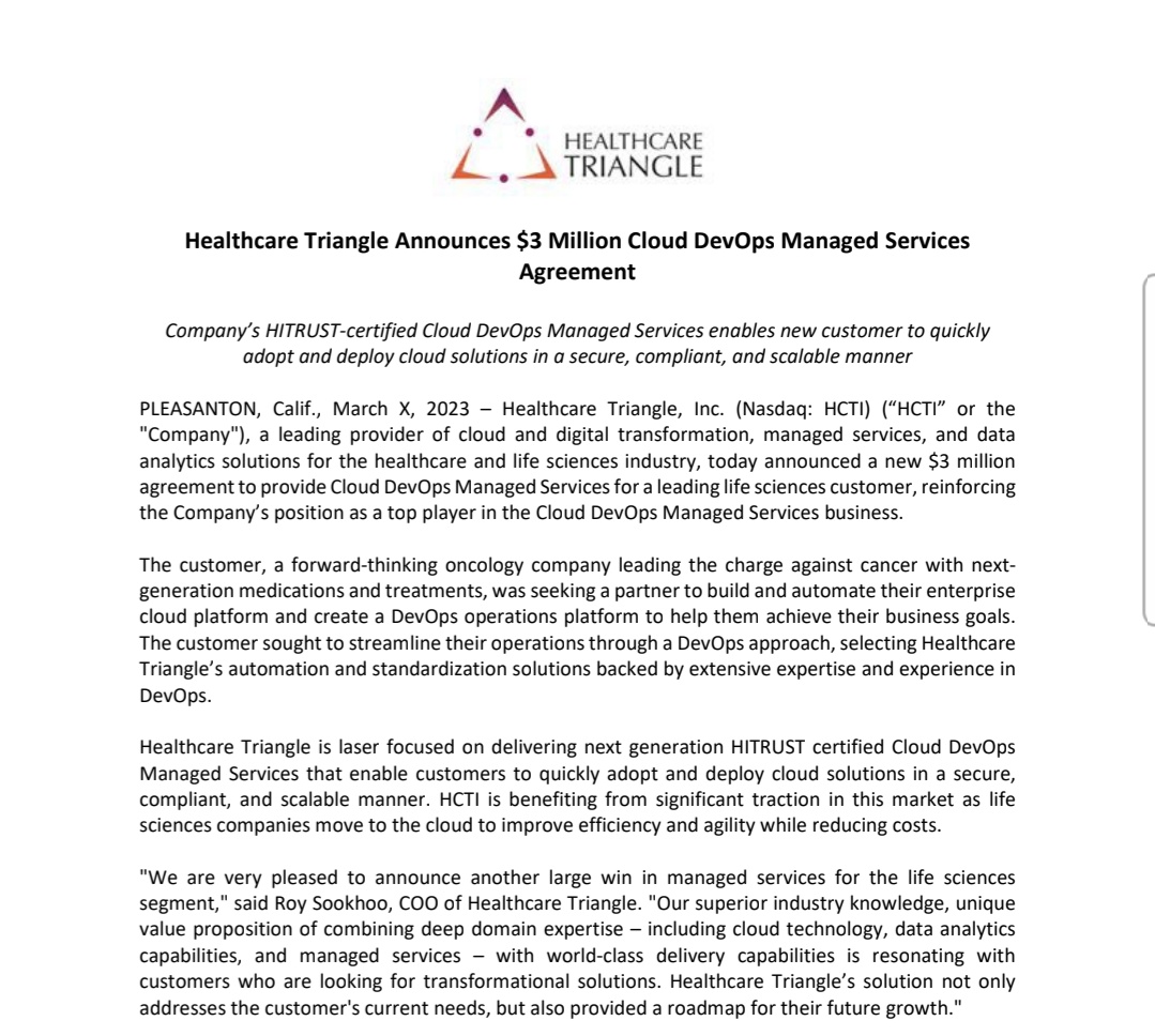 MarketVedantA's tweet image. Healthcare Triangle Announces $3 Million Cloud DevOps Managed Services Agreement

#SECUREKLOUDTECHNOLOGIES  #HealthcareTriangle #HCTI #OrderWin #CloudDevOps #ManagedServices #LifesciencesCustomer
