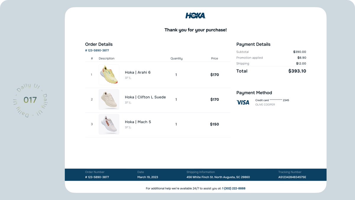 OlgaBondarUX's tweet photo. Hey, everyone! 
My task #day017 Email Receipt for #DailyUI is ready. 
Made in #figma 
What do you think about my solution? 
#design #ui #ux #email #uidesign #hoka https://t.co/GBDgvhN2hX