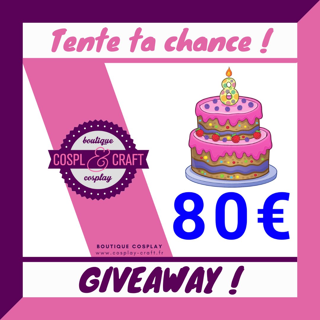 Suis, like, RT &amp; commente en mentionnant 2 amis pour participer🥳Ca joue aussi sur FB et Insta😉
Fin du jeu le 2 avril à 20h.
Que le Cosplay vous soit favorable !

#Cosplay #Craft #CosplayCraft #Giveaway #Jeuconcours #CosplayFrance #CosplayEurope #CosplayWorld #8years #Birthday