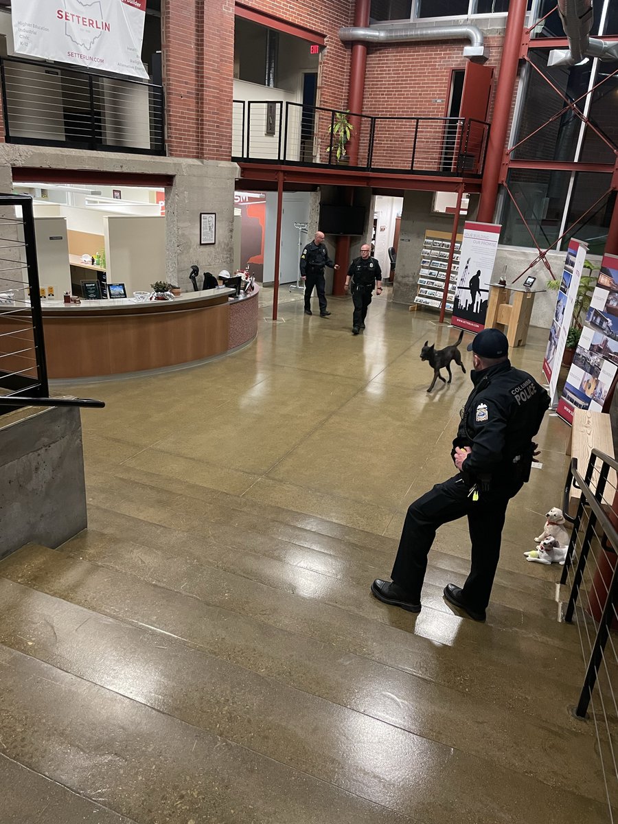 setterlin's tweet photo. Last night our office had the exciting opportunity to host several @ColumbusPolice K-9 units. Dogs were brought in to search for an "intruder" and all of them succeeded. We're happy to help provide a real world location for our officers to practice and hone their skills! https://t.co/yVbNqLHPlZ
