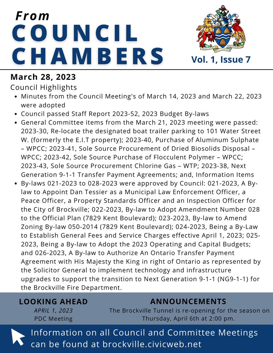 "From Council Chambers" provides an overview of the <a href="/BrockvilleON/">City of Brockville</a> Council meeting held on March 28, 2023. To re-watch the meeting and access more information, please visit brockville.civicweb.net