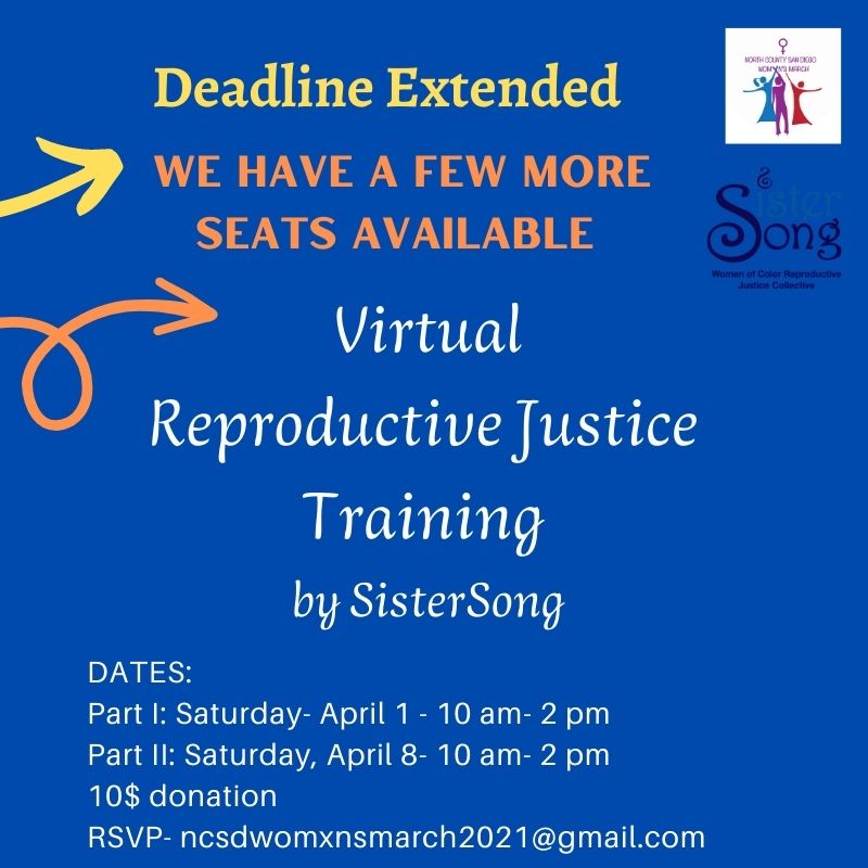 MarchNcsd's tweet photo. This April 1 (10am-2pm)- Virtual SisterSong Reproductive Justice Training part 1.

We still have a few seats left- RSVP now!
#sistersong #reproductivejustice
##womxnshistorymonth # womerights
#reproductiverights ##reproductivejusticeforall #ncsdwm https://t.co/8PHj1UaSzx