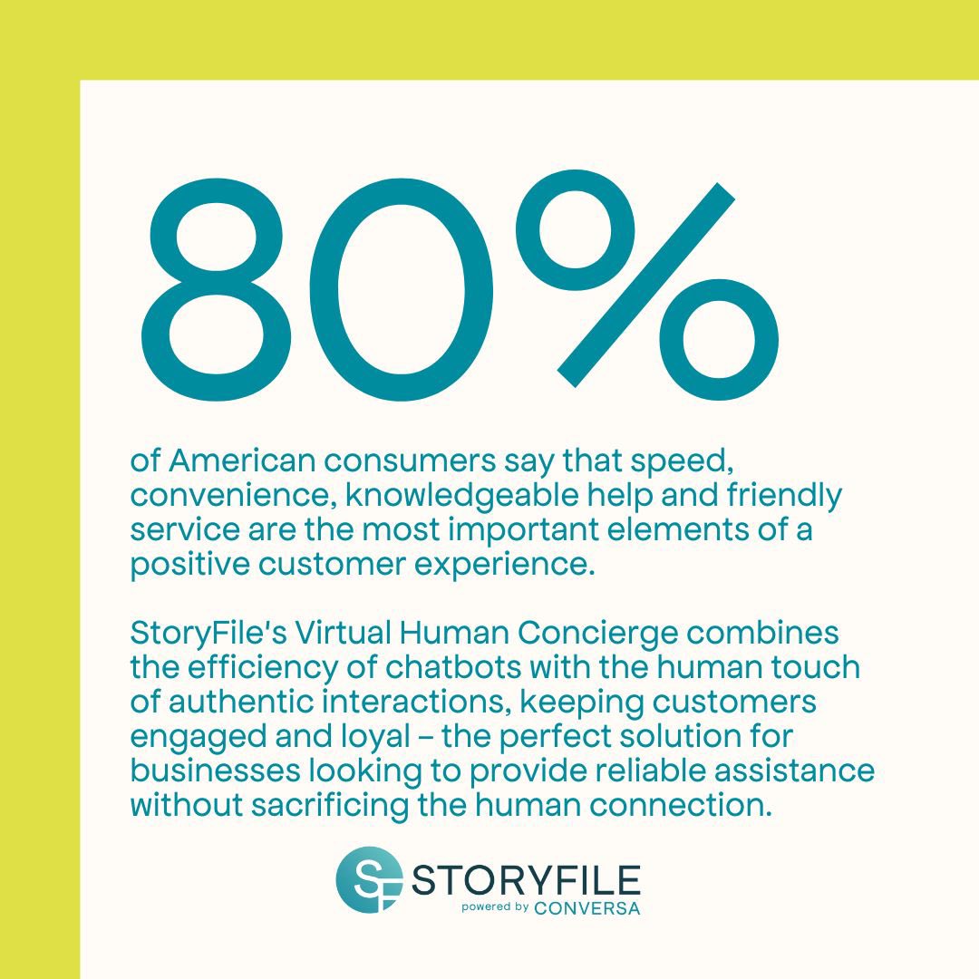 StoryFile's tweet image. StoryFile&apos;s Virtual Human Concierge, built within Conversa, combines the efficiency of chatbots with the human touch customers crave. Intrigued? 
Read our latest blog post and learn more about it.

lnkd.in/gdpvD5iW

#StoryFile #ConversationalVideo #ConversationalAI