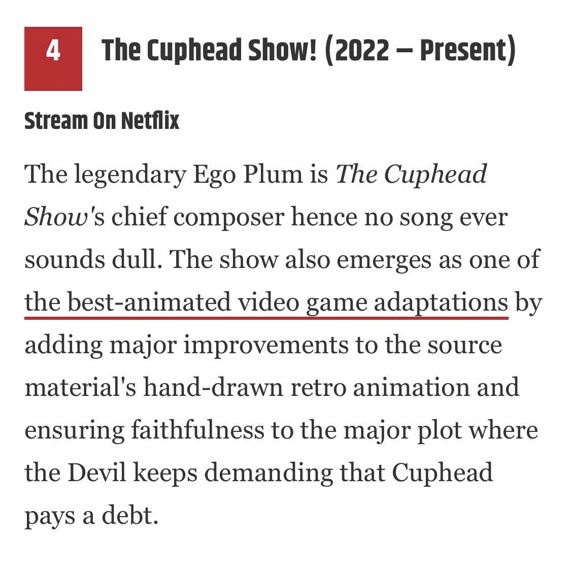 EgoPlum's tweet photo. Thank you, https://t.co/xgVE2knCr8 for ranking The Cuphead Show as their #4 greatest cartoon musical series! #cuphead #cupheadshow #studiomdhr #netlixanimation #cbr #comicbookresources https://t.co/nyXKtZJmex https://t.co/RLx48SVVAT