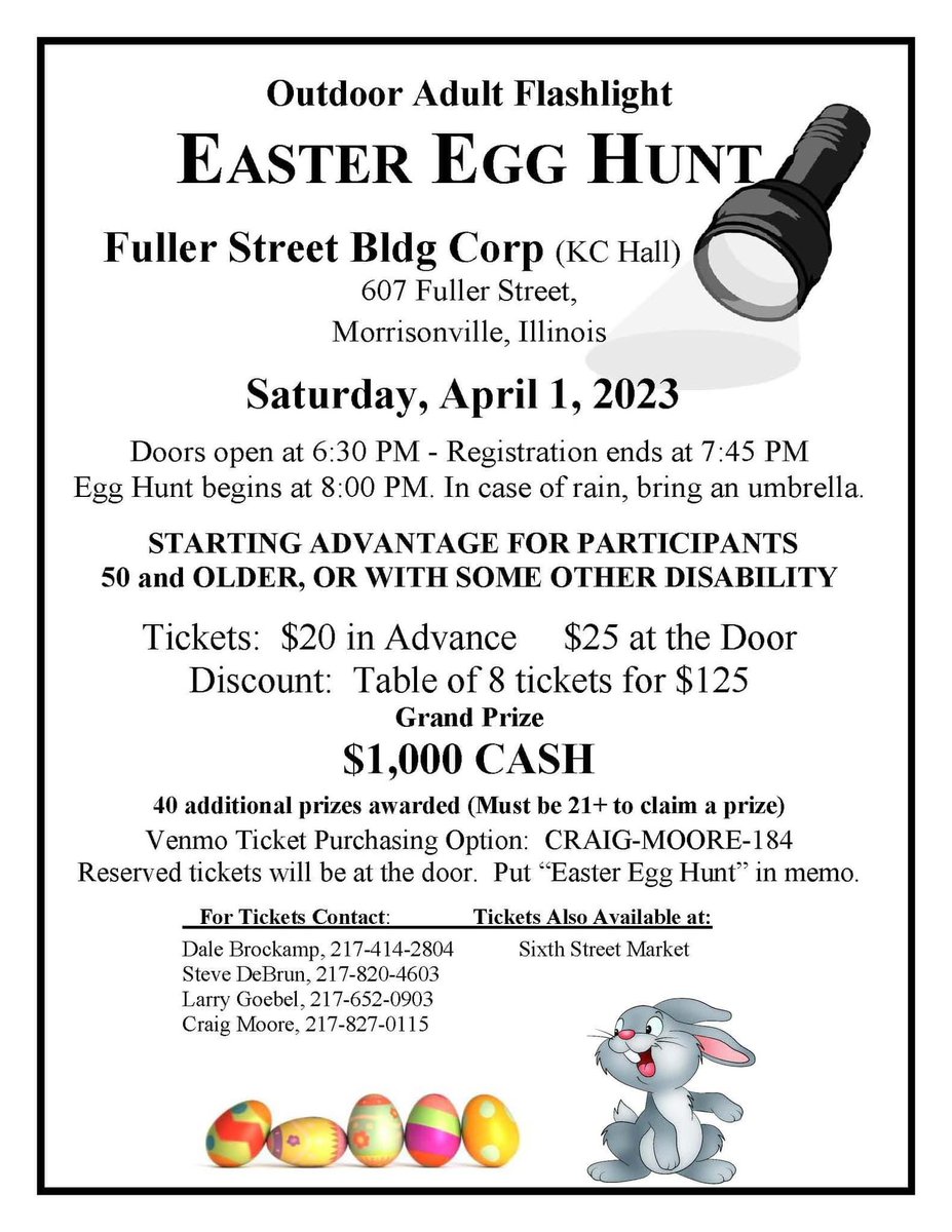 KofC1151's tweet photo. Only a couple of days left to get your Adult Easter Egg Hunt tickets for $20! On Saturday, the price jumps to $25. Doors will open at 6 PM and registration ends at 7:45. 

🔸GRAND PRIZE $1,000 CASH!🔸 https://t.co/jFe7mlxxyC
