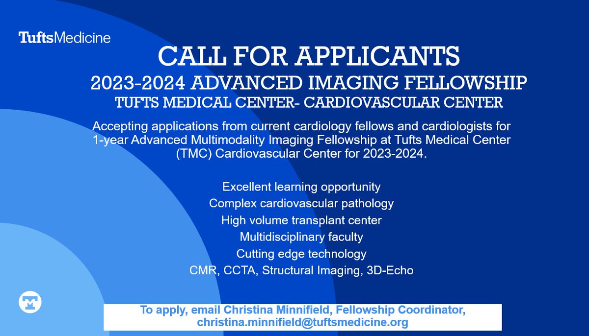 Interested in Advanced Cardiac Imaging training? We have an unexpected opening for AY 2023-24 for a 1-year Advanced Imaging Fellowship in Cardiac CT, MRI, and Echocardiography @TuftsMedicalCtr. To apply, email our fellowship coordinator christina.minnifield@tuftsmedicine.org