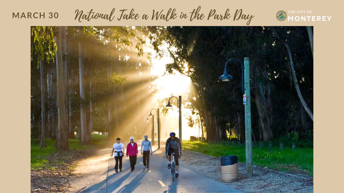 Tomorrow, 3/30, is #TakeAWalkInTheParkDay! The skies will clear, the sun will shine, so plan to get outside! #Monterey has 37+ unique parks to enjoy. Clear your mind from the stresses of the day, re-energize, & improve health. And it's free! monterey.org/parks