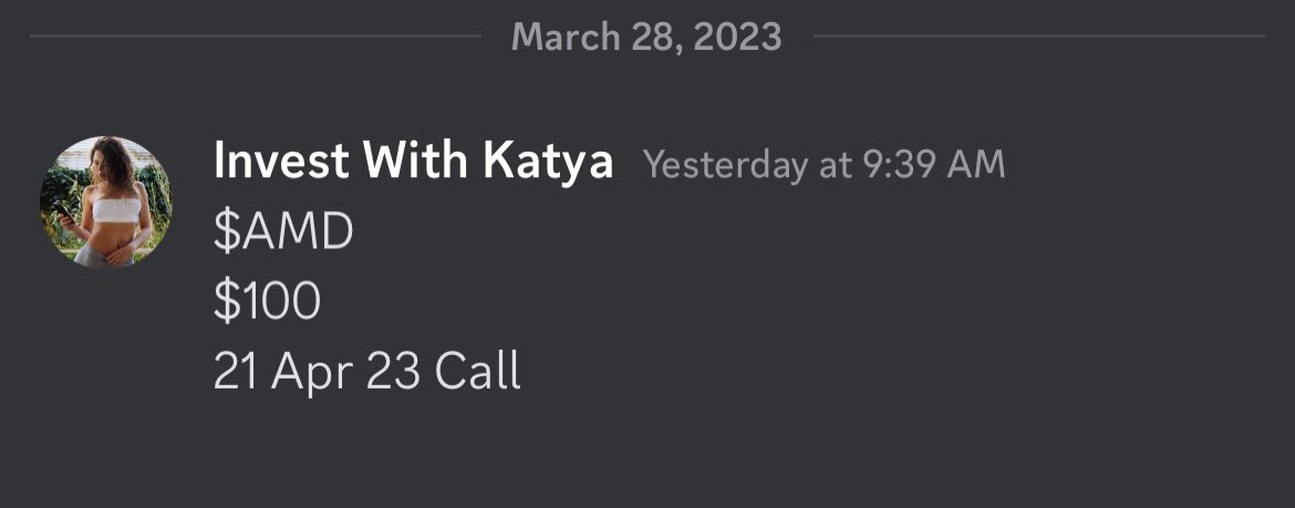 InvestWithKatya's tweet photo. $AMD 
$100
21 Apr 23 Call

Was posted on discord yesterday Closed at 27% ITM today.

👇🏻Join me here for more plays like this

💬FREE discord chat 📲 https://t.co/Qolpi1W9O3

🔶Premium chat📲 https://t.co/lN6a8YH5w2

#OptionsTrading #stonks #StockMarcket https://t.co/lB0FW9XDCh