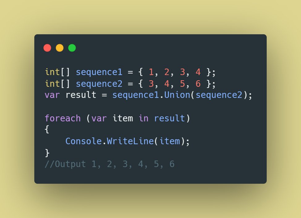 Syntax_stories's tweet image. The Union method in C# is a LINQ extension method that is used to combine two sequences into a new sequence that contains distinct elements from both sequences.
#csharp #dotnet #linq
