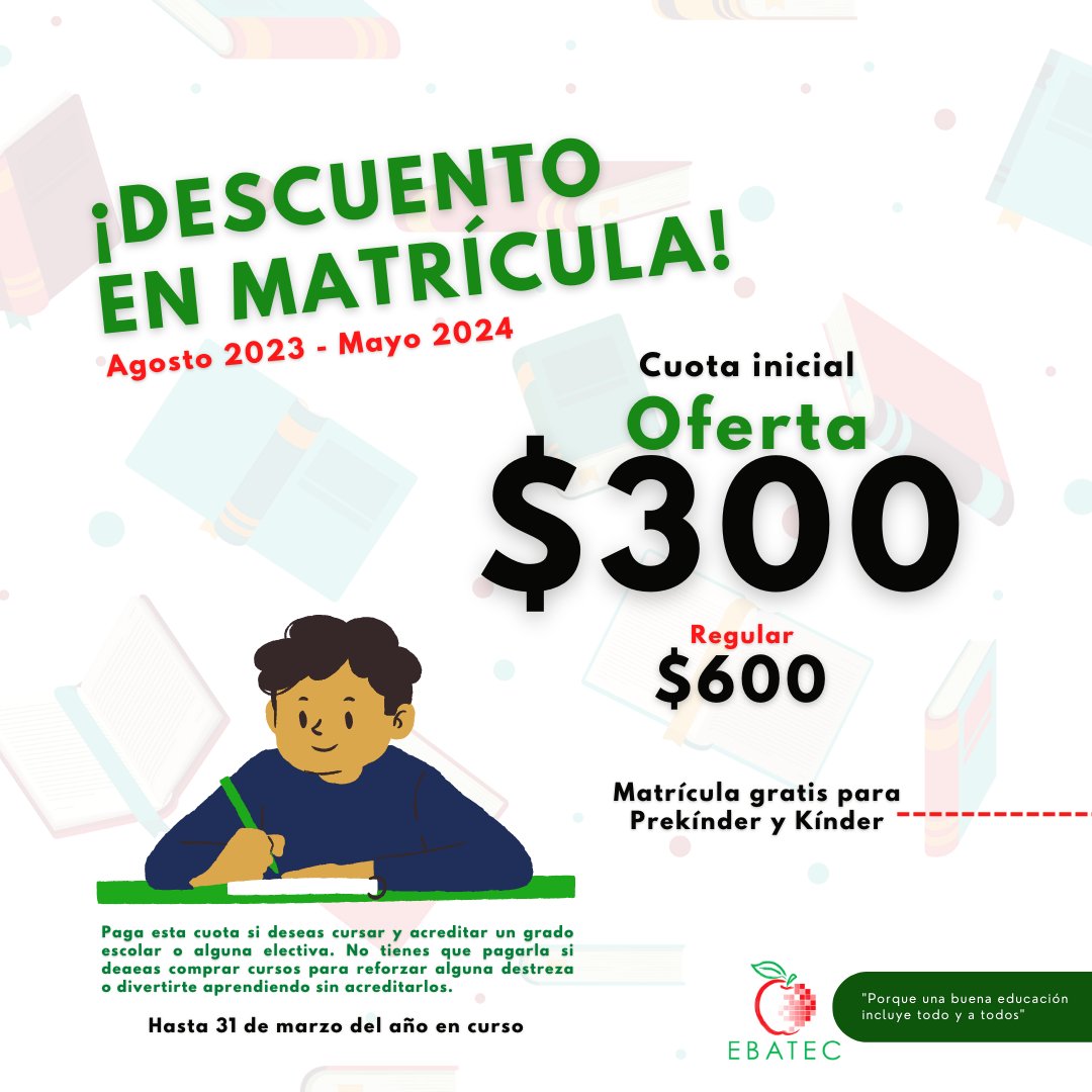 EBATECPR's tweet photo. ¡Últimos días! 📢🙌

Nuestra matrícula para Agosto 2023 - Mayo 2024 está en oferta 50% de descuento ($300 USD ) hasta el 31 de marzo. (Gratis para prekínder y kínder).🎉

Escríbenos para más recibir información y ser atentido. 📩 https://t.co/Rr1Cv6ZkDD