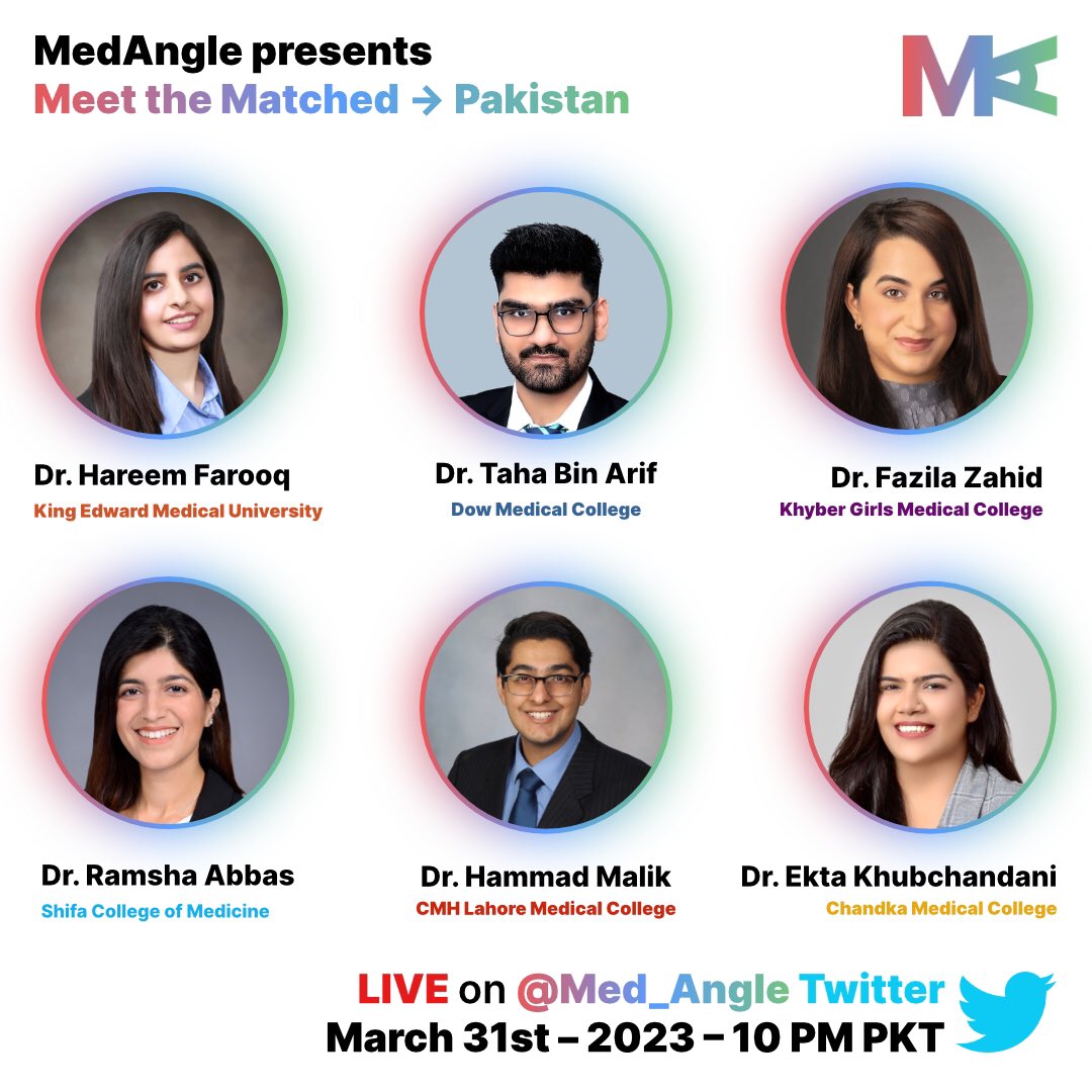 Introducing our 1st set of speakers for Meet the Matched - Pakistan! 🇵🇰

Get ready to be inspired by our historic line-up from #Match2023💪

31st March | Friday | 10 PM PKT

To know more about our speakers, read in thread below:

#MedAngle #MedTwitter #USMLE #MedEd #MatchDay