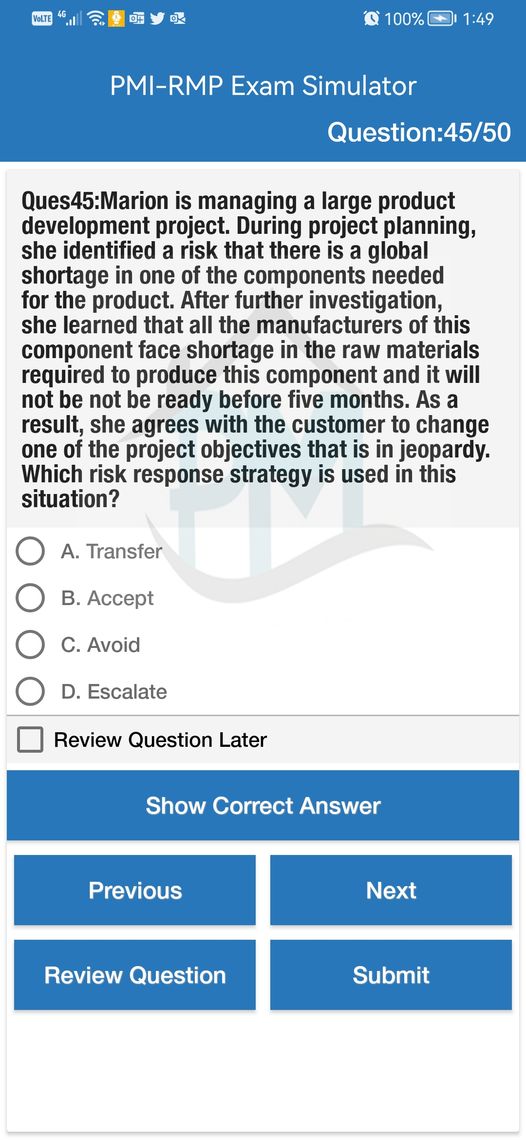 ProjMngmtHouse's tweet photo. Download #PMI_RMP Exam #Simulator on your phone enjoy #discount
Updated to 2022 modifications
5 #PMI-RMP #Exam
5 quizzes on domains
50 free Qs
500+ Q&amp;A
Justification for answers from #PMBOK or Standard for #Risk_Management in Portfolios,Programs&amp;Projects
https://t.co/A29cePdd2i https://t.co/xLImqFK6Wi