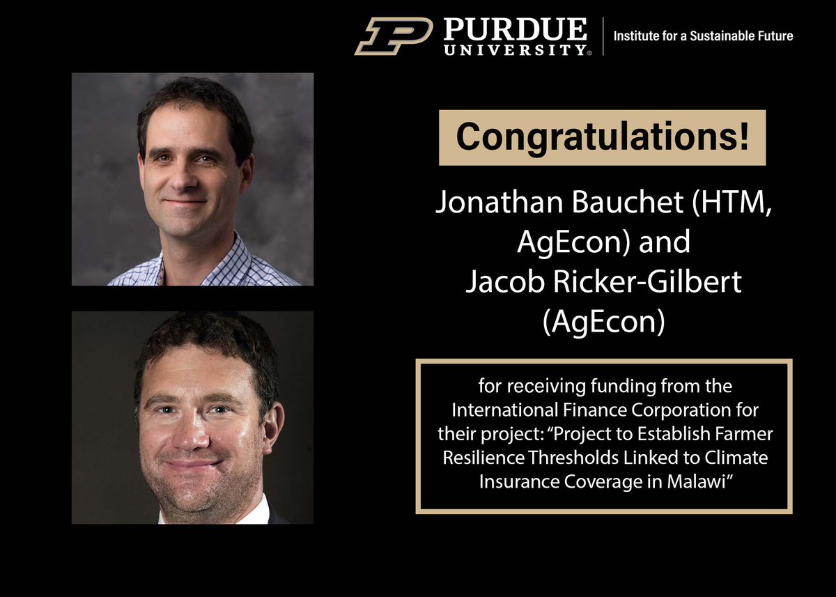 Purdue Institute for a Sustainable Future (@purdueisf) on Twitter photo Congratulations to #PurdueISF faculty affiliates Jonathan Bauchet of <a href="/PurdueHHS/">Purdue College of Health and Human Sciences</a> and Jacob Ricker-Gilbert of <a href="/PurdueAgEcon/">Purdue Ag Econ</a> for receiving funds from the International Finance Corporation! Congratulations to #PurdueISF faculty affiliates Jonathan Bauchet of <a href="/PurdueHHS/">Purdue College of Health and Human Sciences</a> and Jacob Ricker-Gilbert of <a href="/PurdueAgEcon/">Purdue Ag Econ</a> for receiving funds from the International Finance Corporation!