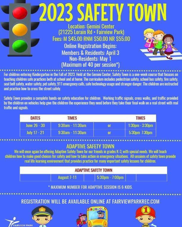 Safety Town Registration begins Monday, April 3 for Gemini Center Members and <a href="/fairview_park/">Fairview Park City</a> residents!! Download your packet today at fairviewparkrec.com!