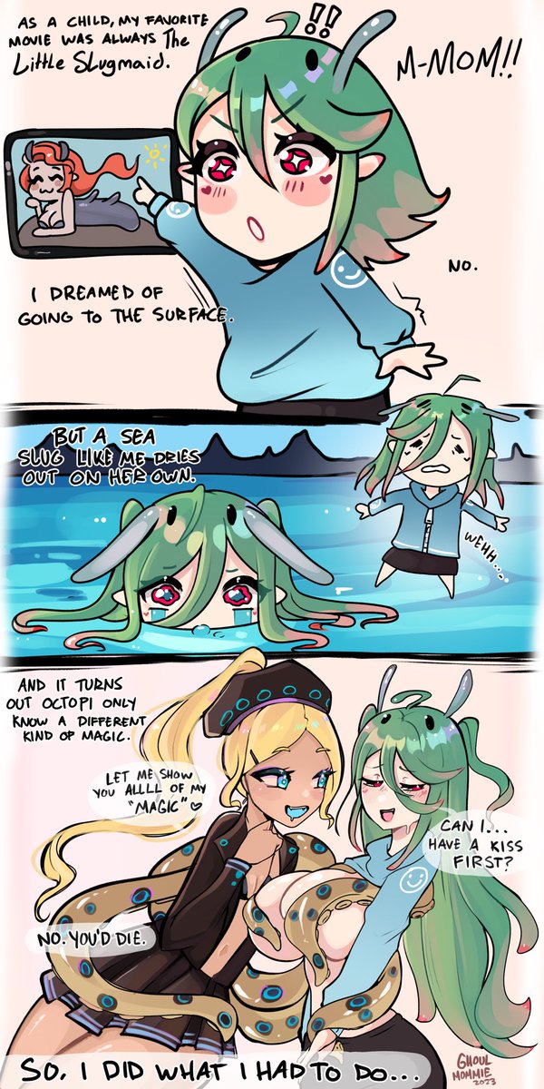 Ghoulmommie's tweet photo. Rough comic idea about a slug who goes to the surface and makes out with girls :>
retweets appreciated if you wanna see more of her! 🐌 https://t.co/WAy8kCkLvh