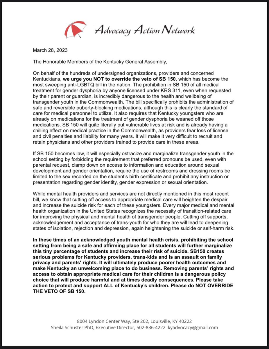 kyvoices4health's tweet photo. The final version of the SB150 sign-on letter was shared with the entire #kyga23 again this morning, encouraging legislators to sustain the Governor’s veto. 1/ https://t.co/zFX6tlnEEC