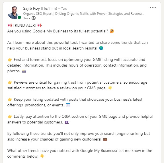 sajibroy_cse's tweet photo. What other trends have you noticed with Google My Business? Let me know in the comments below! 👇
#GoogleMyBusiness #LocalSEO #SmallBusinessTips #MarketingStrategy #OnlinePresence #SearchRanking #CustomerEngagement #Reviews #BusinessListing #GMBPosts #QandA #OnlineMarketing https://t.co/dffqYokrGI