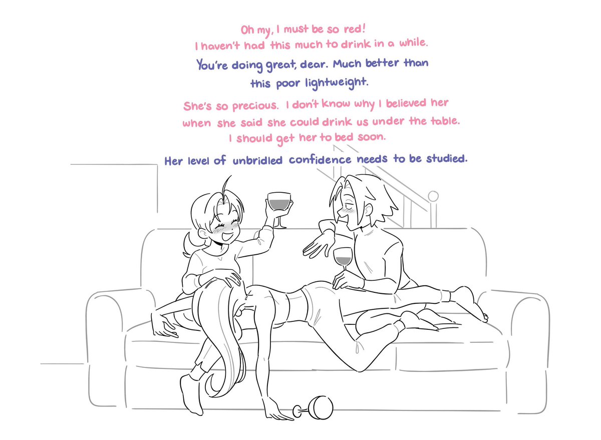 kianamaiart's tweet photo. cw // alcohol 

wine nights with james! this is their first one. i imagine they mostly get together to rant about rude customers at the restaurant. jessie tries to join but is usually out after the first glass https://t.co/pkxQvPGcBO