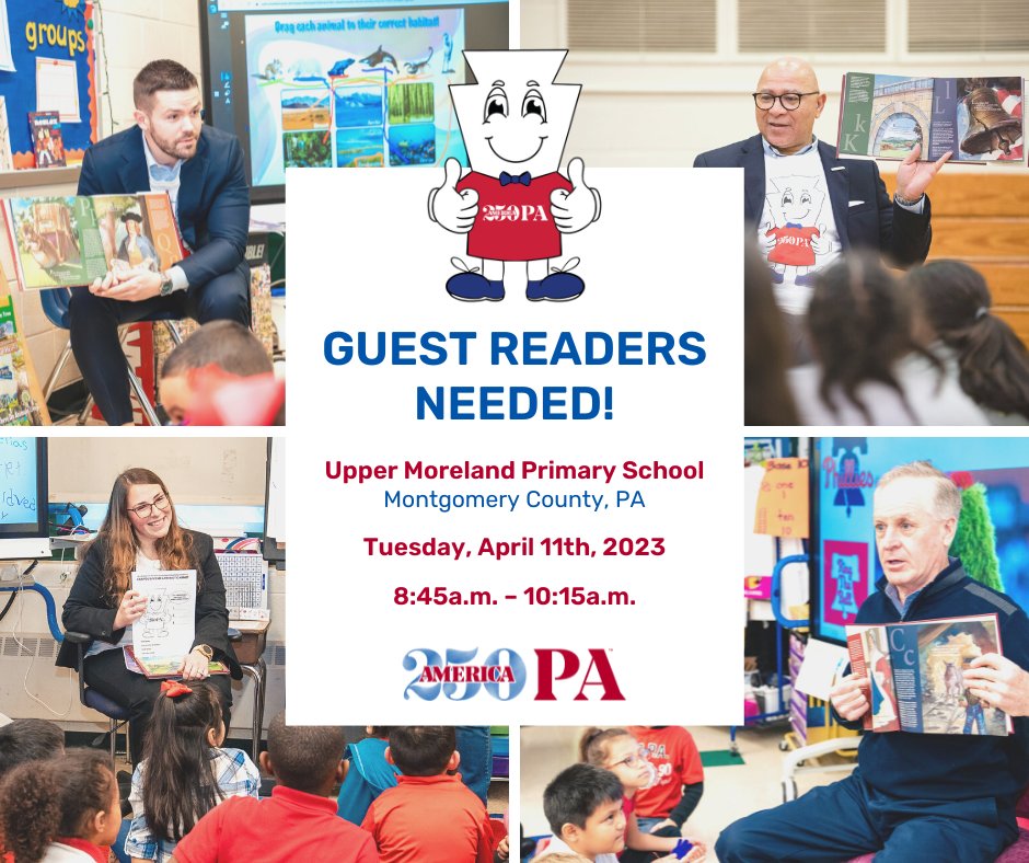 America250_PA's tweet photo. Southeastern PA – we are in need of more guest readers for our next Keystone Classroom Initiative visit at Upper Moreland Primary School in #MontgomeryCounty on Tuesday, April 11th. Can YOU #JoinUs?
Volunteer: https://t.co/HAP2DfOGTj
#KeystoneClassroomInitiative #Promise250PA https://t.co/UjUX43Epds