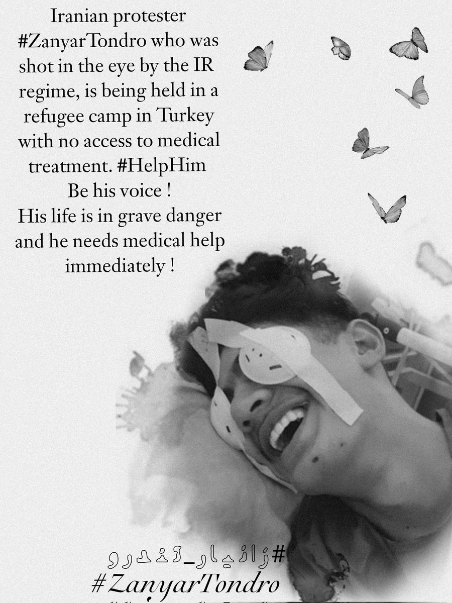 roobah_iran's tweet image. معترض ایرانی #زانیار_تندرو که توسط رژیم جمهوری اسلامی ایران مورد اصابت گلوله به چشم قرار گرفت، در اردوگاه پناهندگان در ترکیه بدون دسترسی به درمان نگهداری می شود. 
جان او در خطر جدی است و نیاز به کمک فوری پزشکی دارد!
#HelpHim