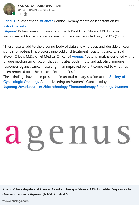 KanandaBarrons's tweet photo. $AGEN As I indicated yesterday, Agenus' Investigational #Cancer Combo Therapy merits closer attention by #stockmarkets:
*Substantial improvement in efficacy in metastatic tumors was reinforced yesterday by @Agenus_Bio with 33% ORR #OvarianCancer vs. existing therapies only 3-10% https://t.co/IYbsxBJexl
