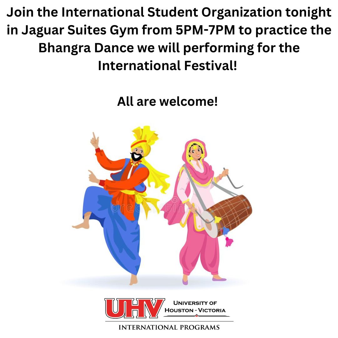 UHVIntlStudents's tweet photo. Join UHV International Students Organization tonight in Jaguar Suites Gym from 5PM-7PM to practice the Bhangra Dance we will performing at the International Festival on Friday, April 14th! All are welcome to join! #UHV #UHVGlobal #UHVInternational #InternationalStudetns #Bhangra https://t.co/Ebitverw91