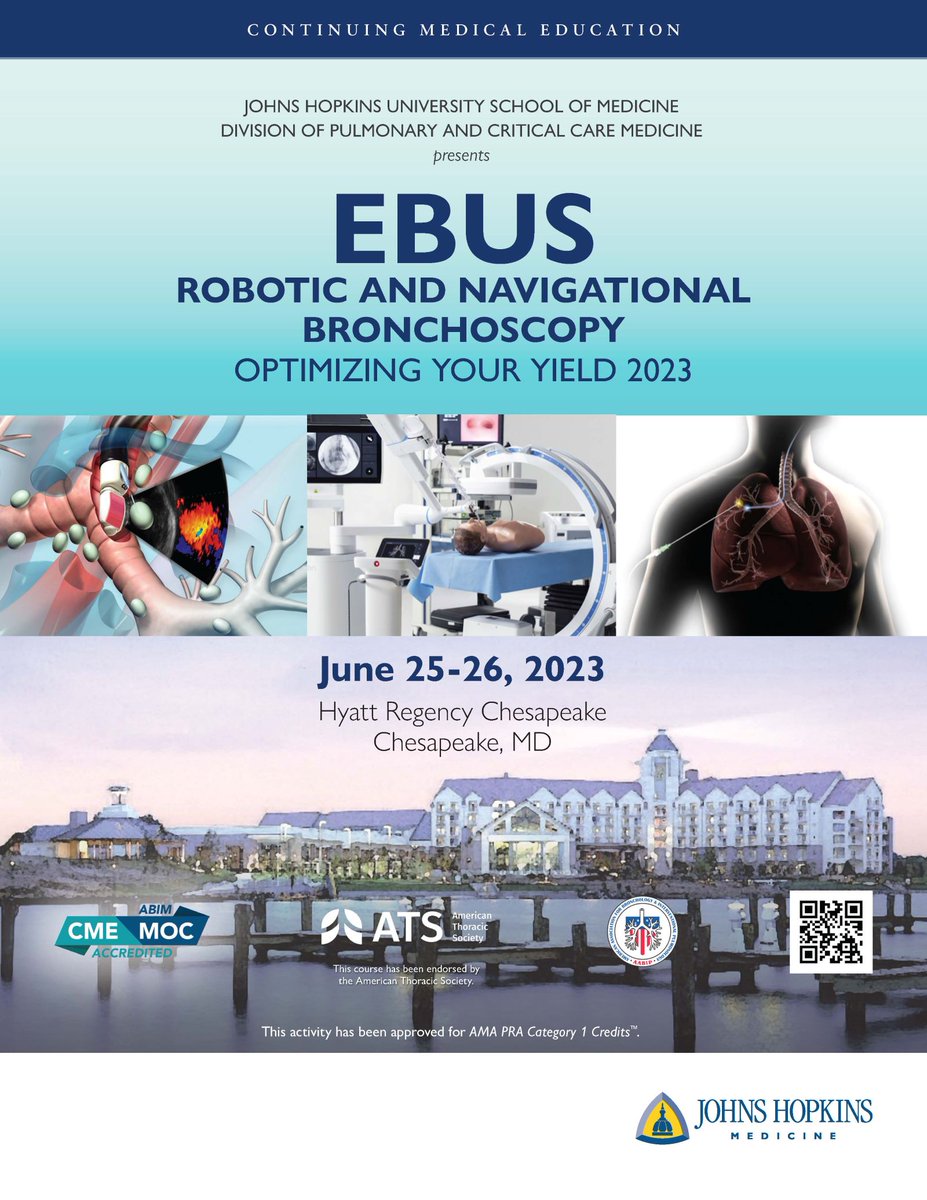 Join us at our #EBUS Robotic and Navigational Bronchoscopy event on June 25-26! Learn more about the talks, objectives, and who should attend here: 

hopkinsmedicine.org/pulmonary/_doc…
