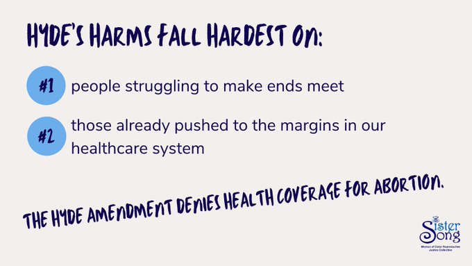 Reproductive justice means we are all able to parent, decide not to parent, live & thrive in safe, healthy communities. By denying health coverage for abortion to folks who are struggling financially, the Hyde Amendment has stood in the way of this. #BeBoldEndHyde! 

#4EACHofUs