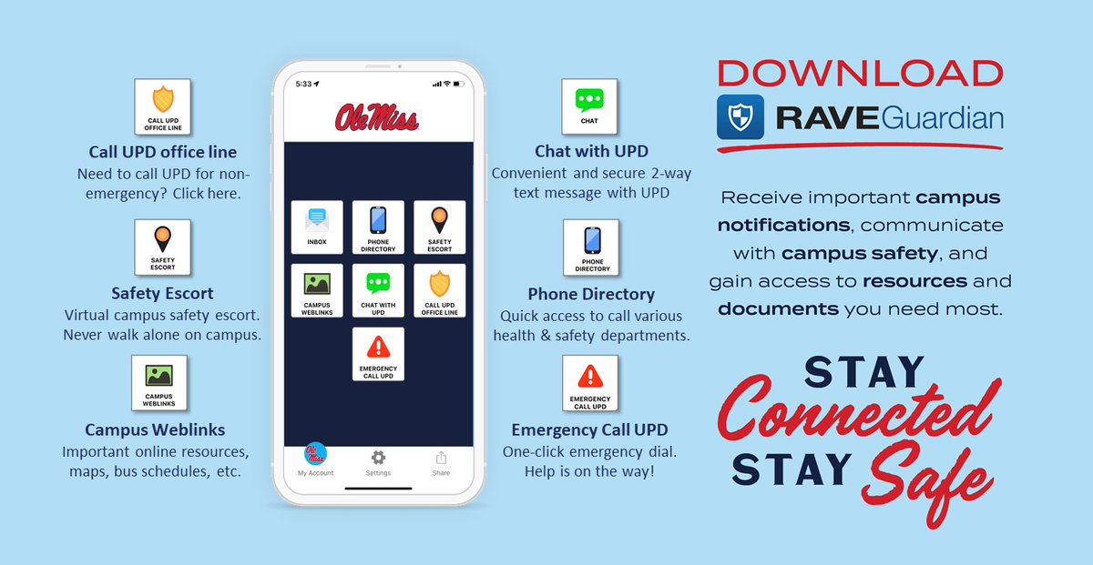 RebAlert's tweet image. Hey @OleMiss students & employees! Have you downloaded the Rave Guardian app yet?
馃摬Easily text with UPD
馃椇锔廇ccess the campus map
馃毝Use the safety escort feature
馃毃Get HELP when you need it!
馃暤锔廟eport suspicious activity
馃殞Check bus routes
Stay Connected. Stay Safe!
#RebAware