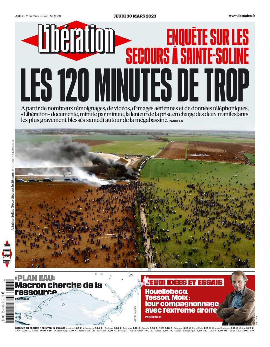 A la une de @Libe ce jeudi : 

🔴 Enquête sur les secours à Sainte-Soline : les 120 minutes de trop 

Lire : journal.liberation.fr