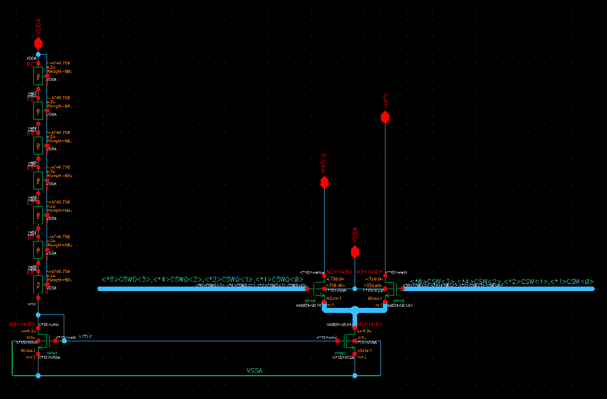EDRT_RIDE's tweet photo. You can see the current mirror schematic and layout of the HCC .
The resistors and NMOS are built up from multiple identical basic elements in common-centroid arrangement. With this approach the influence of production tolerances is reduced. 
#Microelectronics #Powerelectronics https://t.co/p7ejpCDiRv