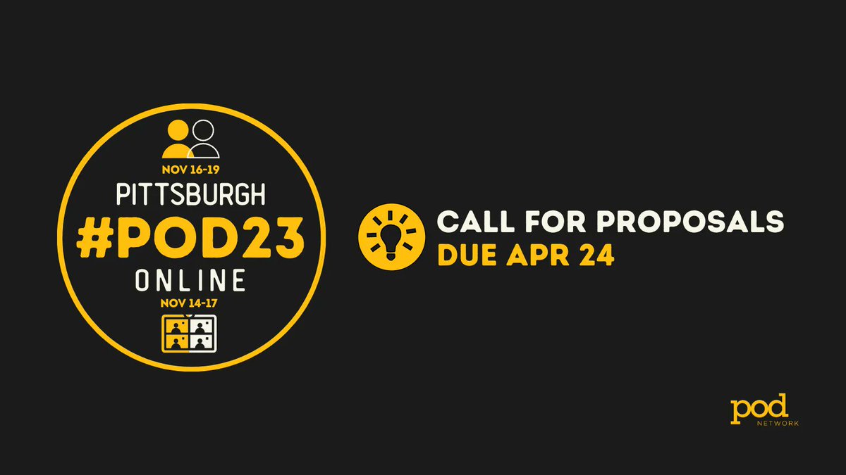 Get your #POD23 proposals ready!

Our 48th Annual Conference will be held Nov 16-19 in Pittsburgh &amp; Nov 14-17 online.

Theme: Envisioning the Future: Developing Equitable Opportunities for Success.

Submissions open Apr 10 &amp; are due Apr 24.

More info: buff.ly/3TSNTpd