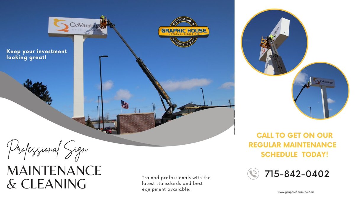 GraphicHouseGHI's tweet image. Keep your signage looking brand new with our top-notch maintenance and cleaning services. Sign up for our Spring/Fall maintenance schedule and never worry about the upkeep again.  We appreciate @covantagecu  for trusting us with their investment!  #SignageMaintenance