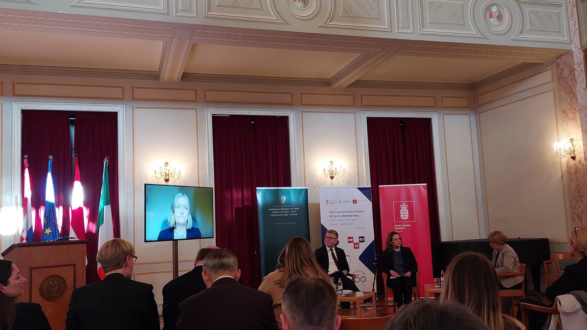 IEAmbZagreb's tweet photo. Thanks to our wonderful Irish participants @BobbyMcDonagh1  @BrigidLaffan and to our great partners @MVEP_hr @DKAmbCroatia for the event ‘The transformative power of EU membership’ yesterday, celebrating Croatian, Irish, and Danish membership of the EU! #EU10 #EU50 https://t.co/kZFtfjTjdY