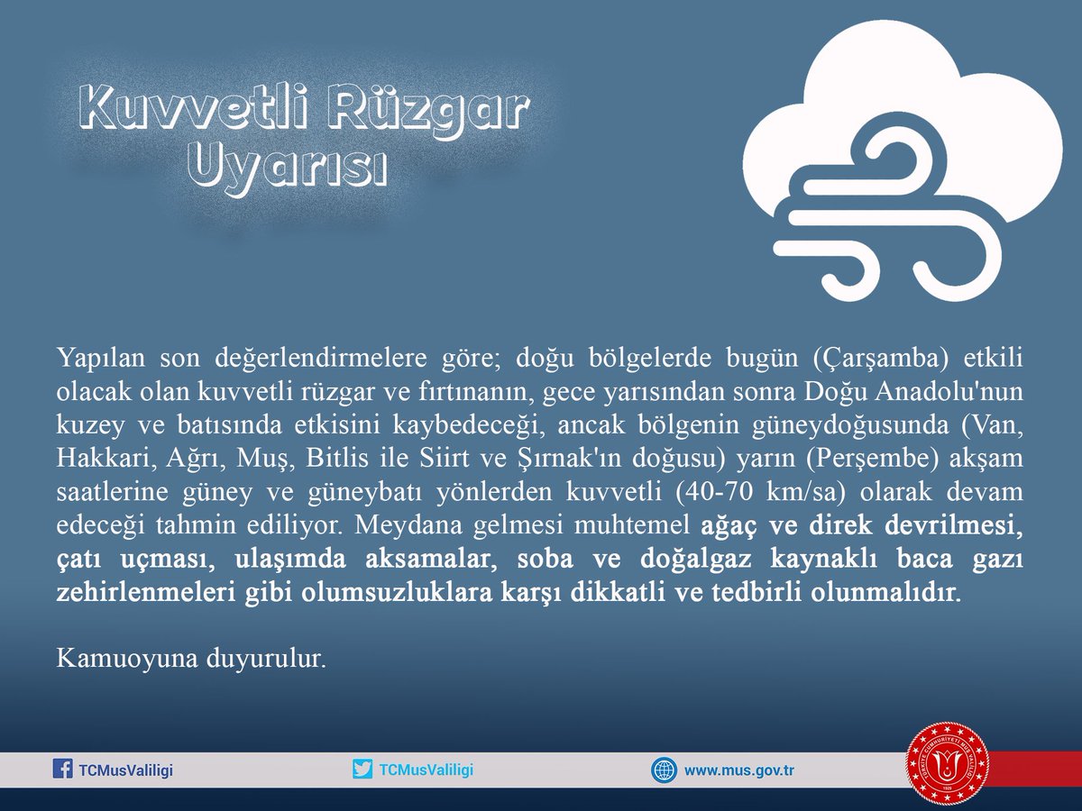 TCMusValiligi's tweet photo. Meteorolojik Uyarı❗❗
Kuvvetli Rüzgar Uyarısı❗ https://t.co/jCDYWGxZyp
