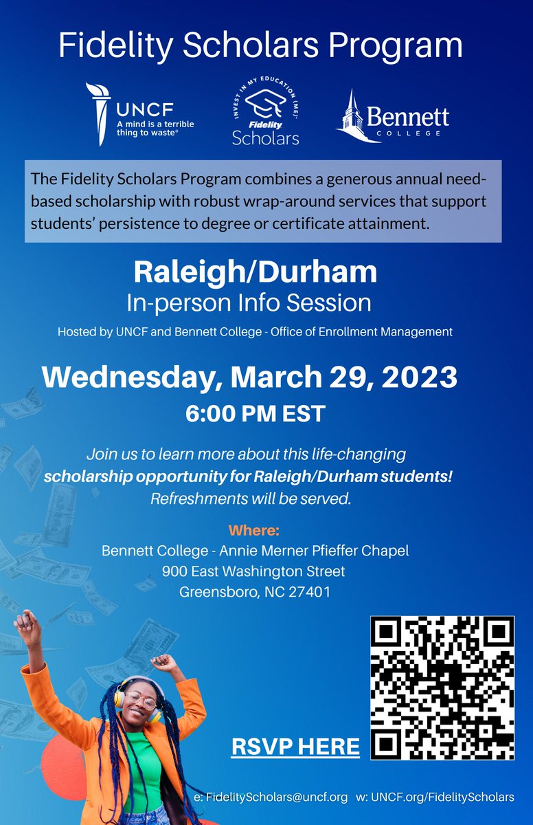🚨REMINDER: Today we’re hosting an in-person info session at <a href="/BennettCollege/">Bennett College</a> to discuss the <a href="/Fidelity/">Fidelity Investments</a> Scholars Program.
 
Join us to learn about this life-changing scholarship opportunity for Raleigh/Durham students!

📍6pm ET at Bennett College’s Annie Merner Pfieffer Chapel