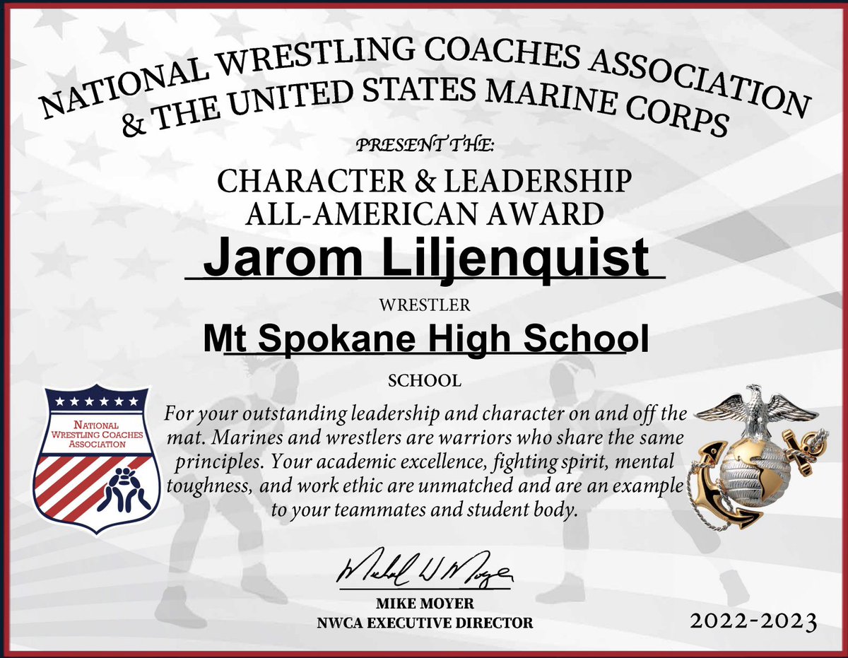 Congratulations Jarom! Recognized by the NWCA and Marine Corps as an All-American in the area of Character & Leadership. @MtSpokaneHS @MSHS_CAT_SPORTS @meadschools