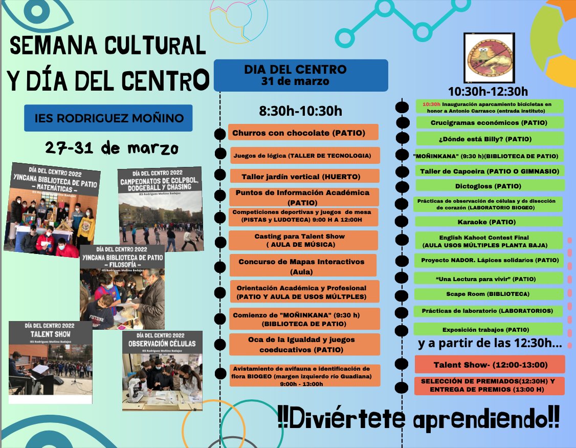 RodriguezMonino's tweet photo. SEMANA CULTURAL Y DIA DEL CENTRO
En esta semana celebramos nuestra Semana Cultural y Día del Centro, en él realizaremos multitud de talleres, actividades, experiencias en laboratorios, talent show, competiciones deportivas, etc....aquí os dejamos el programa de ese día: https://t.co/Xb5Yn2qCEZ
