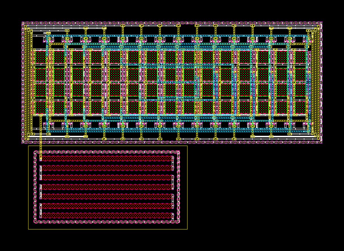 EDRT_RIDE's tweet photo. You can see the current mirror schematic and layout of the HCC .
The resistors and NMOS are built up from multiple identical basic elements in common-centroid arrangement. With this approach the influence of production tolerances is reduced. 
#Microelectronics #Powerelectronics https://t.co/p7ejpCDiRv
