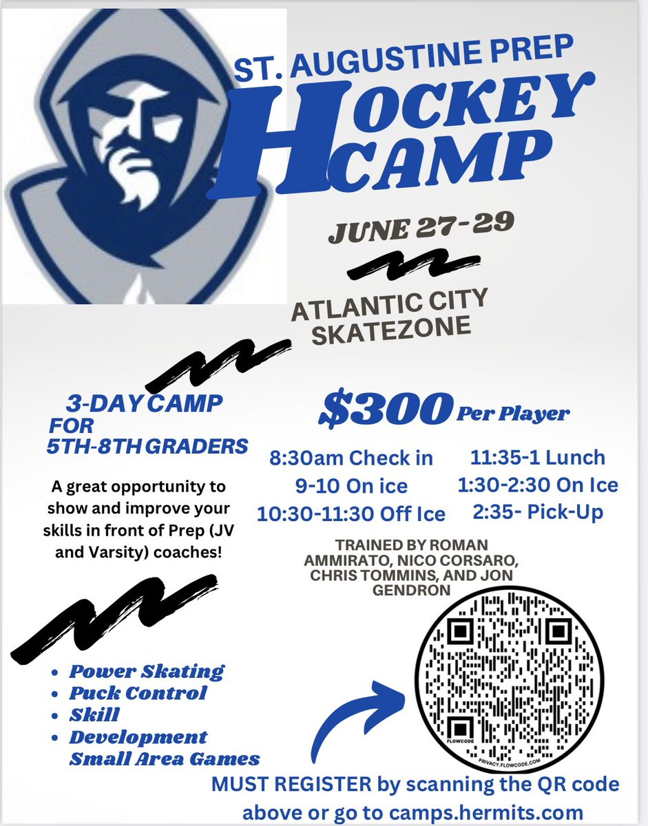 St. Augustine Prep Hermits Hockey (@hermits_hockey) on Twitter photo Attention all future Hermit Ice Hockey players! We will be having our first ever Ice Hockey 3-day summer camp for 5th -8th graders down in AC. See flyer below for more information. camps.hermits.com <a href="/HermitAthletics/">HermitsAthletics</a> Attention all future Hermit Ice Hockey players! We will be having our first ever Ice Hockey 3-day summer camp for 5th -8th graders down in AC. See flyer below for more information. camps.hermits.com <a href="/HermitAthletics/">HermitsAthletics</a>