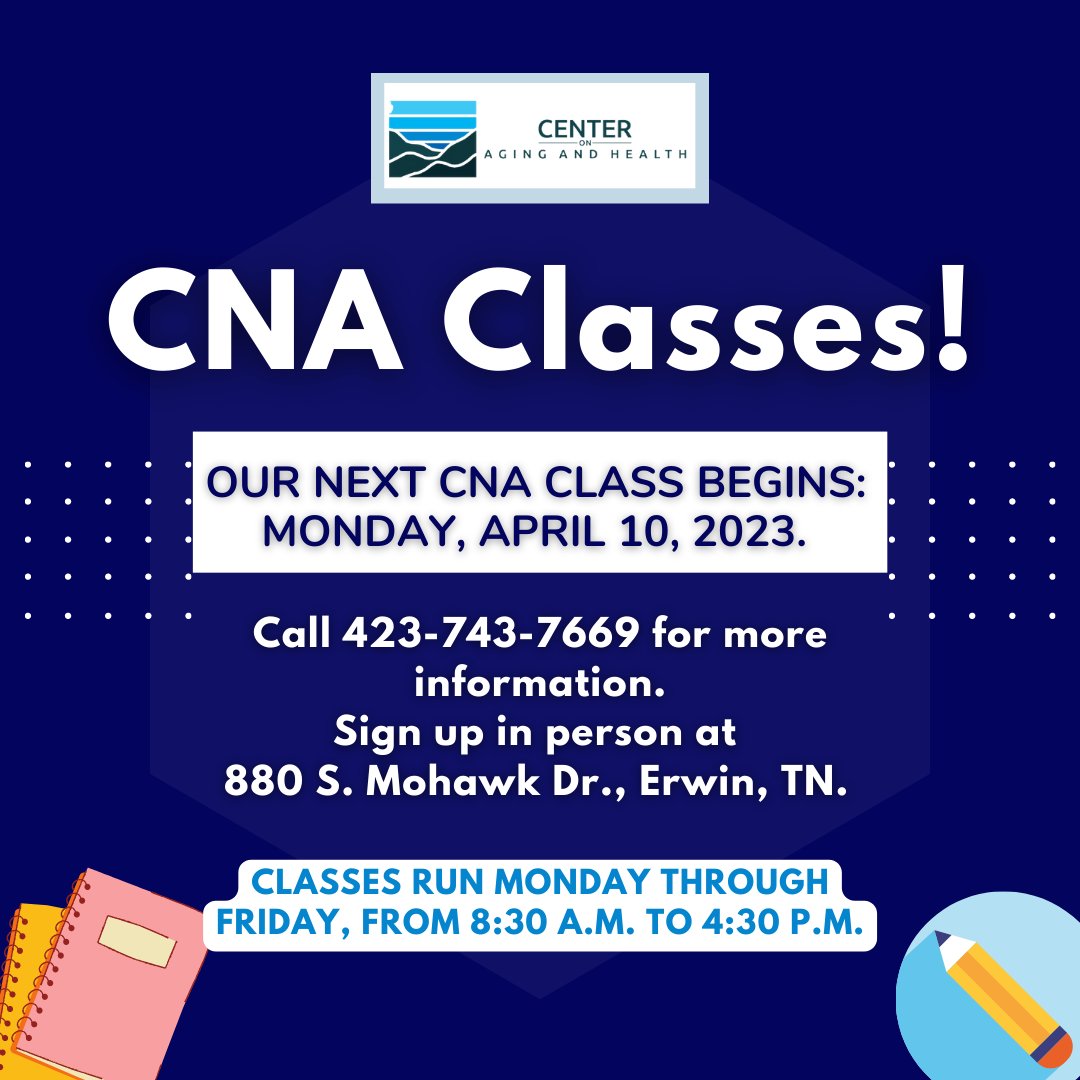 aging_center's tweet image. Are you passionate about caring for others and looking to become a CNA? 
These special classes can help you land the career of your dreams.
Sign up in person, or call us for more information!
📞  423-743-7669

#CNA #CNAClass